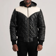 
Närbildsdetalj of Hooded & Zipper Hardware on Norman Tan Hooded Bomber Leather Puffer Jacket