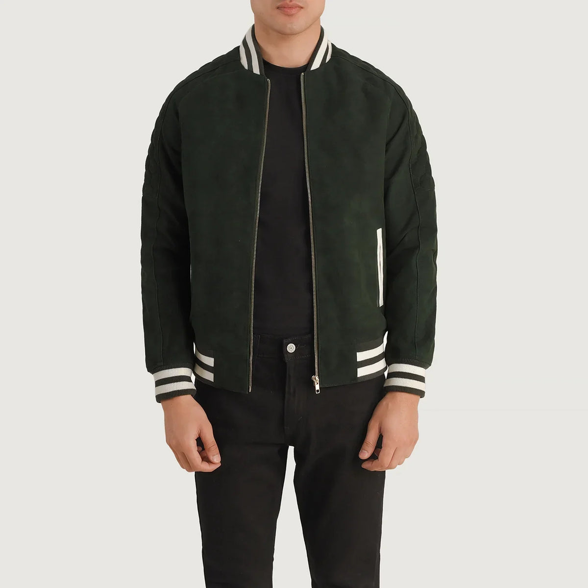 Pascal Green Suede Varsity Läderjacka för Herr in Green Goatskin Suede - Front Profile View &amp; Tailored Silhouette | Buy Online