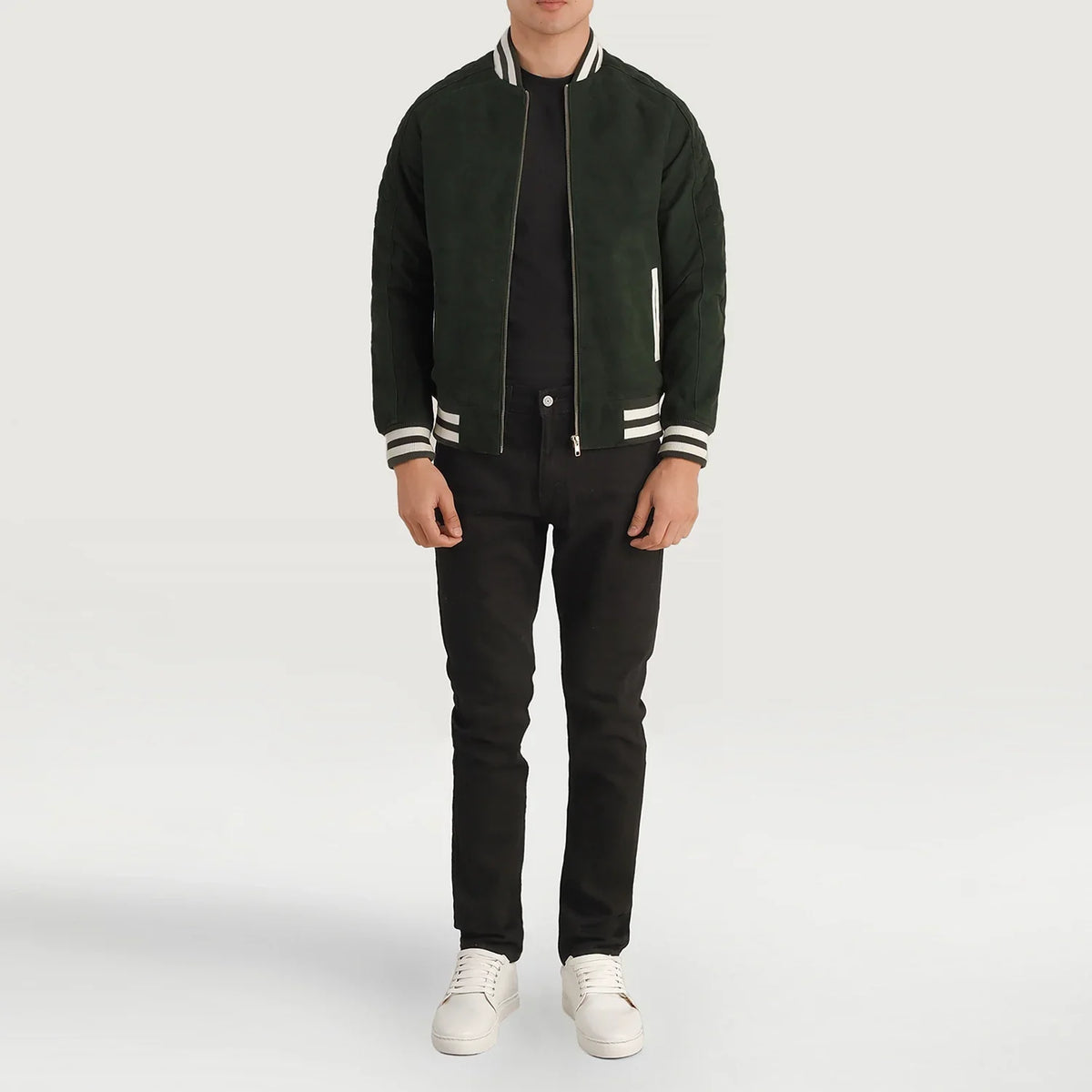 Pascal Green Suede Varsity Läderjacka för Herr - Lateral Side Profile View Showing Sleeve Cut &amp; Athletic Taper Fit