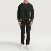 Pascal Green Suede Varsity Läderjacka för Herr - Lateral Side Profile View Showing Sleeve Cut &amp; Athletic Taper Fit