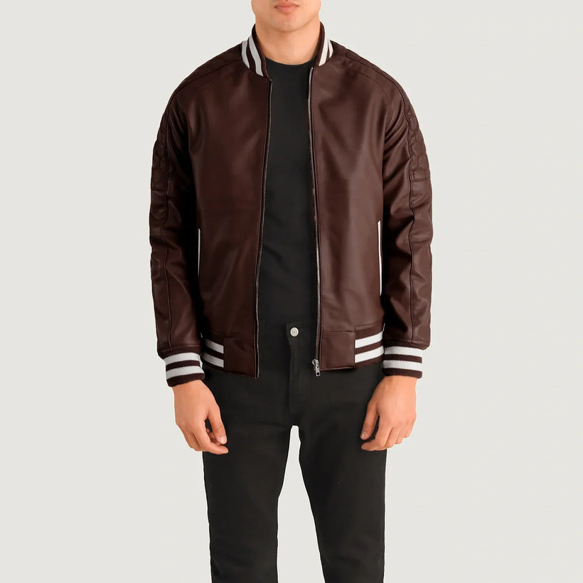 Pascal Maroon Leather Varsity Läderjacka för Herr