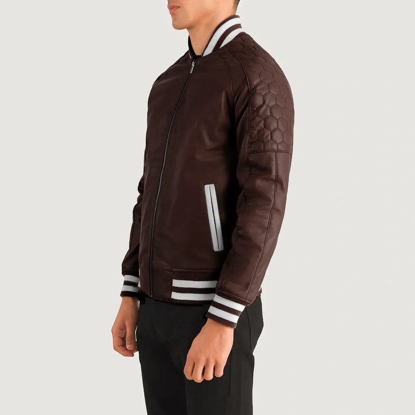 Pascal Maroon Leather Varsity Läderjacka för Herr