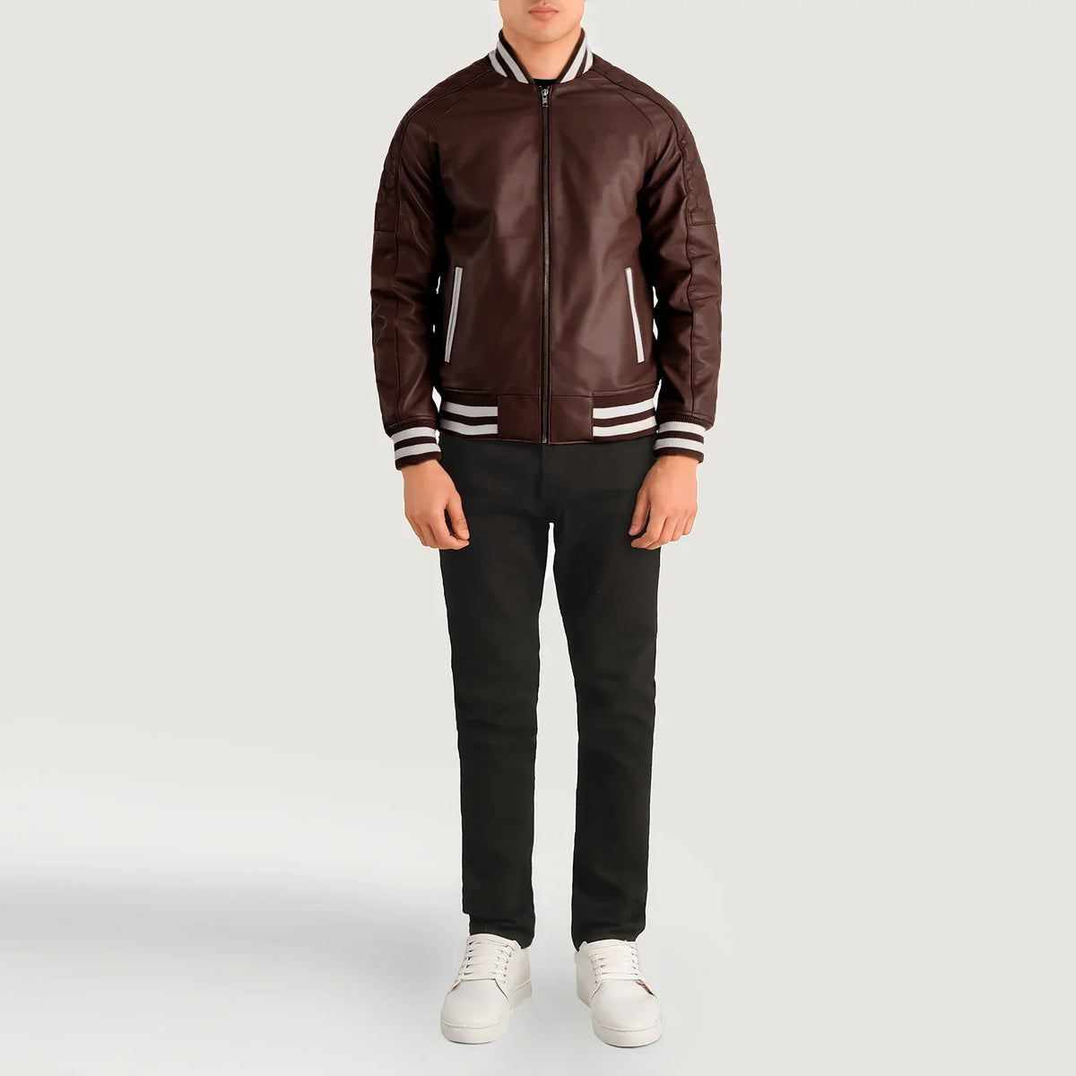 Pascal Maroon Leather Varsity Läderjacka för Herr - Lateral Side Profile View Showing Sleeve Cut &amp; Athletic Taper Fit