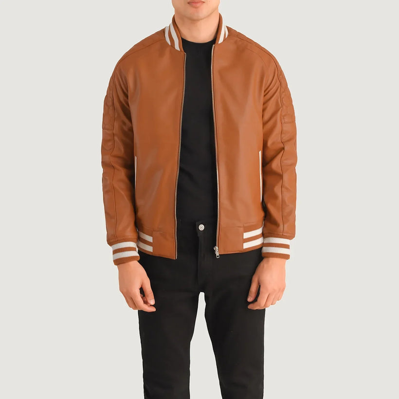 Pascal Ljusbrun Brun Leather Varsity Läderjacka för Herr