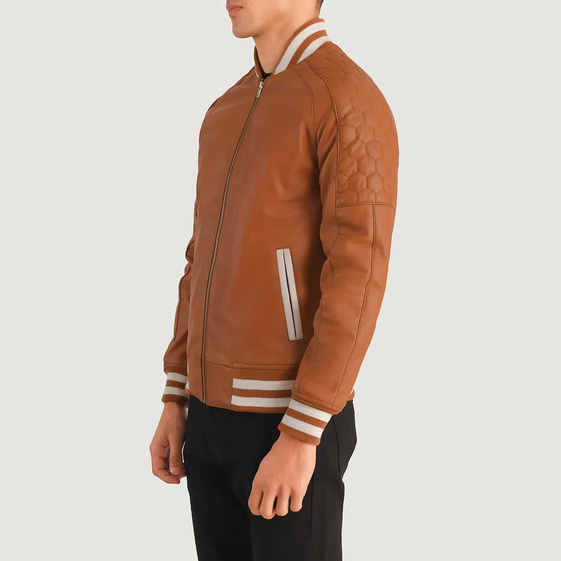 Pascal Ljusbrun Brun Leather Varsity Läderjacka för Herr
