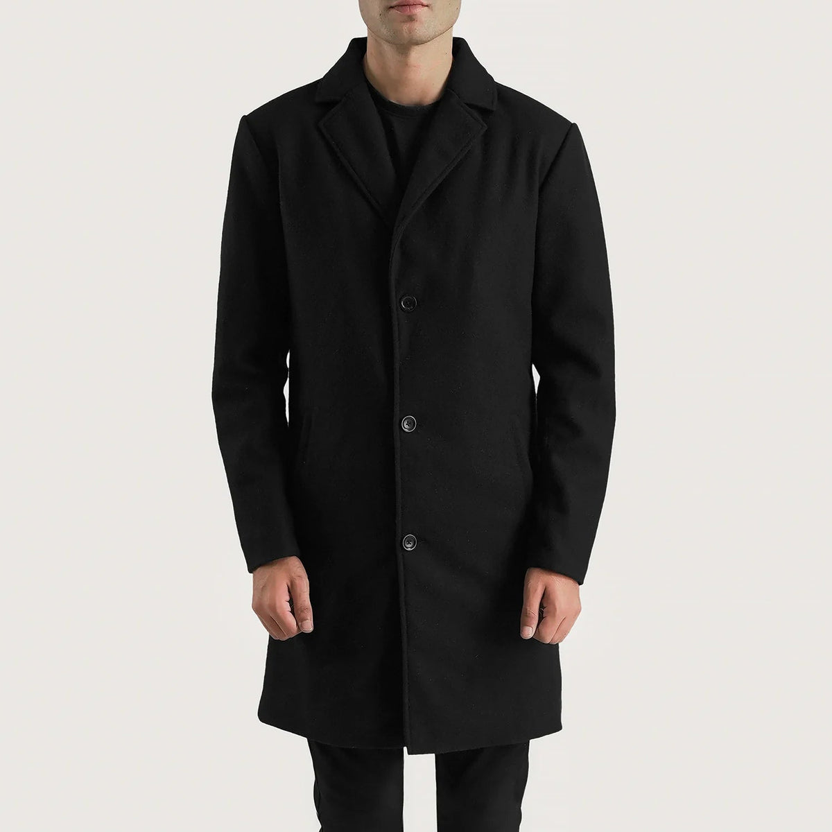 
Närbildsdetalj of Notch & Button Hardware on Petrillo Svart Wool Single Breasted Läderrock för Herr