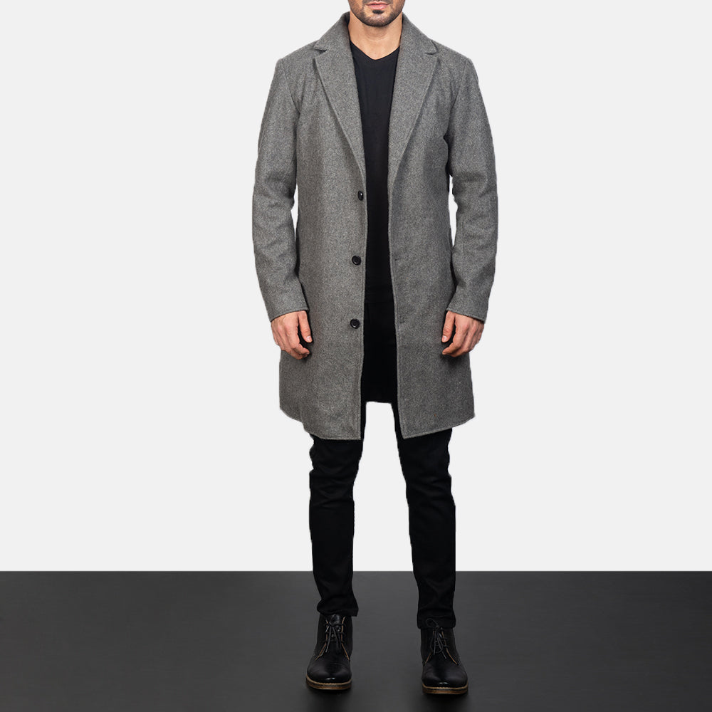 
Närbildsdetalj of Notch & Button Hardware on Petrillo Grey Wool Single Breasted Läderrock för Herr
