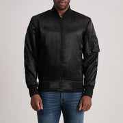 Quinton MA-1 Svart Bomberjacka i Läder för Herr in Black Satin - Front Profile View &amp; Tailored Silhouette | Buy Online