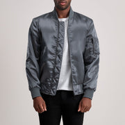 Quinton MA-1 Grey Bomberjacka i Läder för Herr - Lateral Side Profile View Showing Sleeve Cut &amp; Athletic Taper Fit