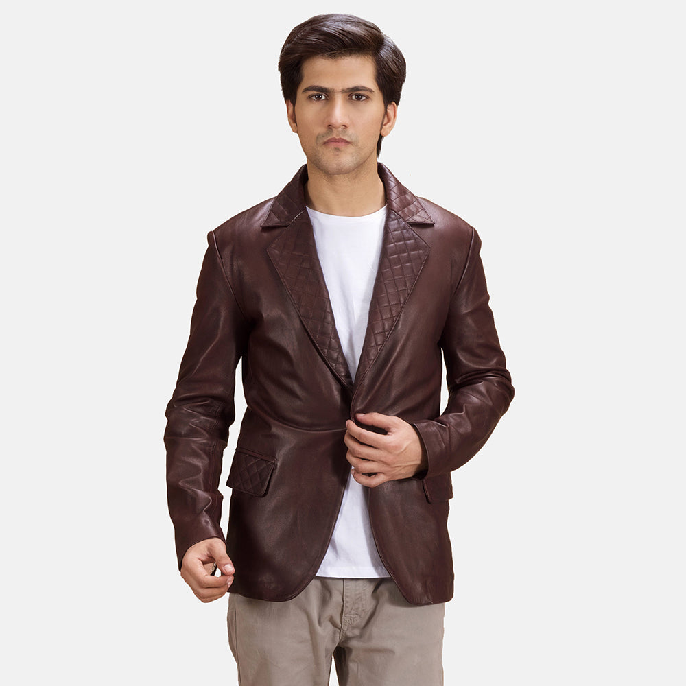 Radaron Quilted Maroon Leather Blazer för Herr in Maroon Sheepskin Leather - Front Profile View &amp; Tailored Silhouette | Buy Online