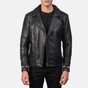 Raiden Black Leather Biker Jacket in Black Cowhide Leather - Front Profile View &amp; Tailored Silhouette | Buy Online