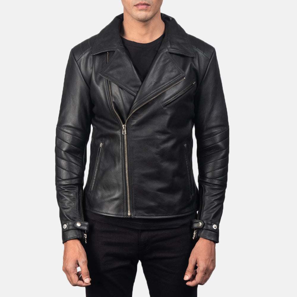 Close-Up Detail of Notch &amp; Zipper Hardware on Raiden Black Leather Biker Jacket