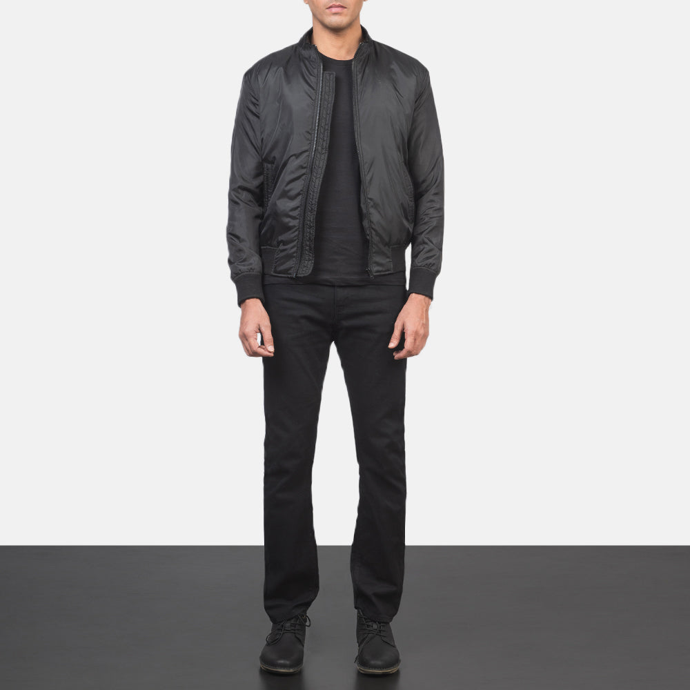 Men's Ramon Svart Bomberjacka i Läder för Herr - Lateral Side Profile View Showing Sleeve Cut &amp; Athletic Taper Fit
