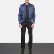 Men's Ramon Blue Bomberjacka i Läder för Herr - Lateral Side Profile View Showing Sleeve Cut &amp; Athletic Taper Fit
