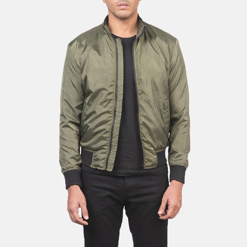 Men's Ramon Green Bomberjacka i Läder för Herr in Green Nylon - Front Profile View &amp; Tailored Silhouette | Buy Online