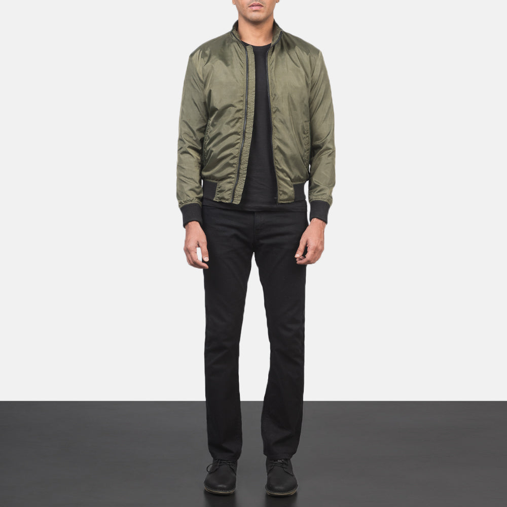 Men's Ramon Green Bomberjacka i Läder för Herr - Lateral Side Profile View Showing Sleeve Cut &amp; Athletic Taper Fit