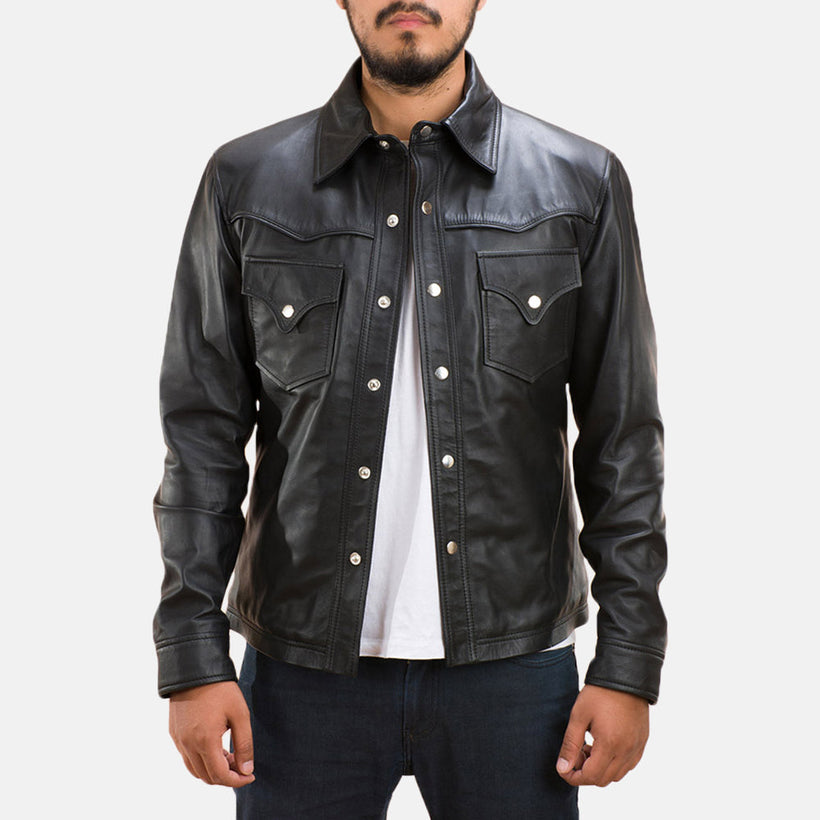 Men's Ranchson Black Leather Shirt in Black Sheepskin Leather - Front Profile View & Tailored Silhouette | Buy Online