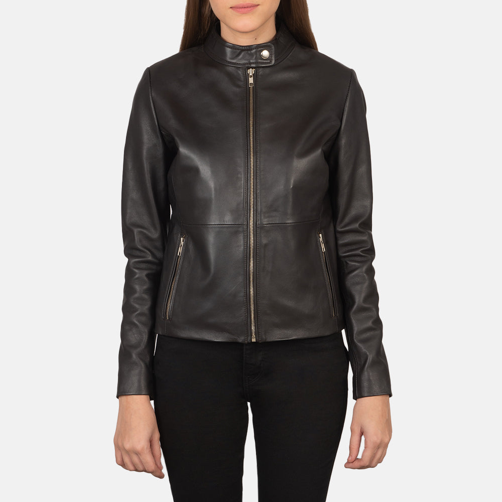 Women's Rave Brown Leather Biker Jacket in Brown Sheepskin Leather - Front Profile View &amp; Tailored Silhouette | Buy Online