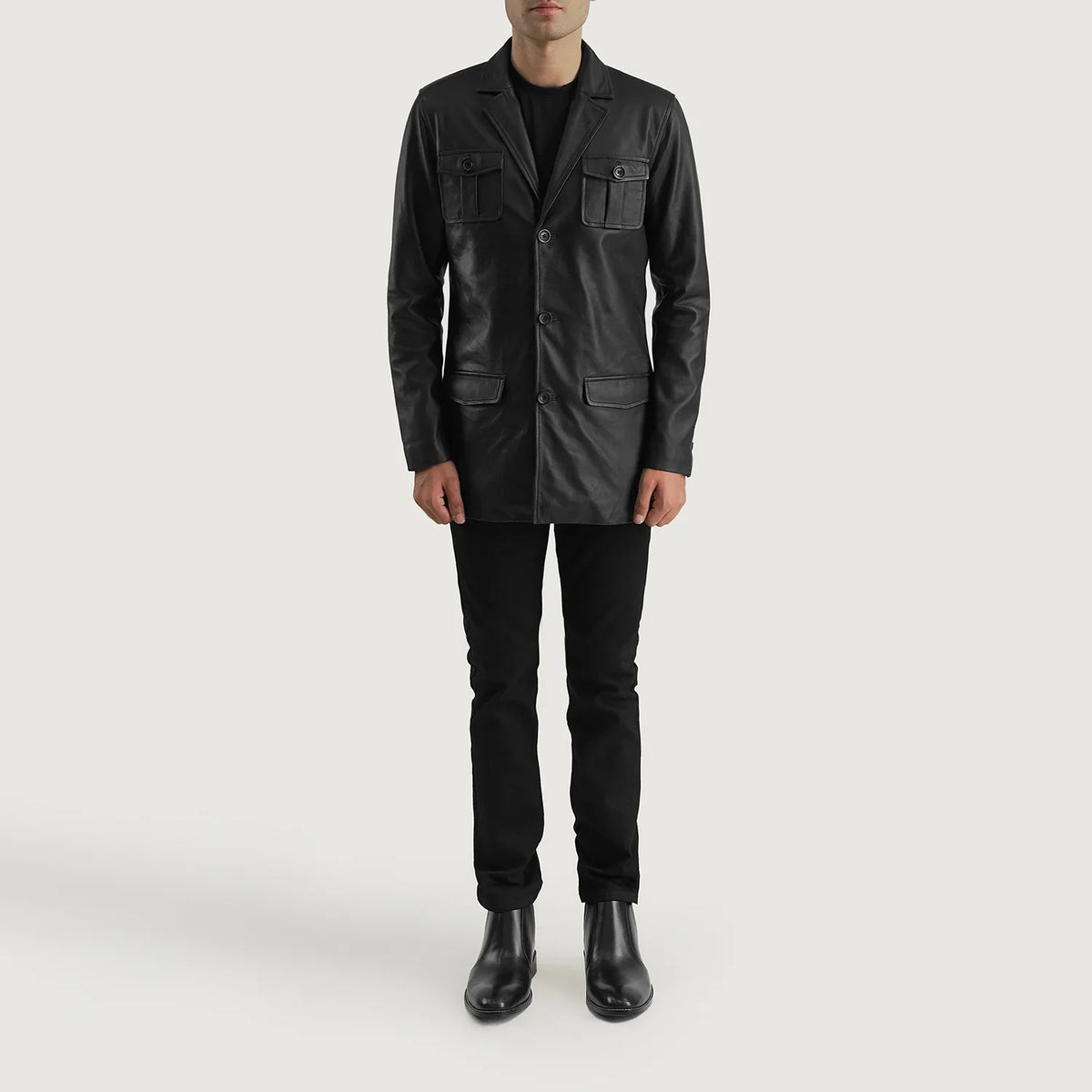 
Ray Cutler Black Leather Blazer - Sidoprofil som visar ärmskärning