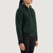 
Green Goatskin Suede Bomber Jacket - Bakifrån med perfekt axelpassform och ren fåll