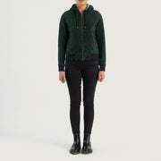 
Rebella Green Hooded Suede Bomber Jacket - Sidoprofil som visar ärmskärning