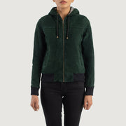 
Närbildsdetalj of Hooded & Zipper Hardware on Rebella Green Hooded Suede Bomber Jacket