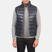 
Reeves Blå Leather Vadderad väst för Herr in Blue Sheepskin Leather - Framifrån med skräddarsydd silhuett | Handla online