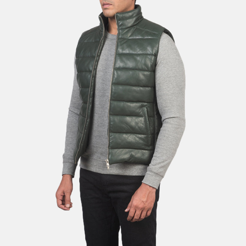 Reeves Green Leather Puffer Vest för Herr