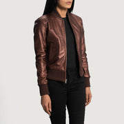 Women's Reida Maroon Bomberjacka i Läder för Dam - Lateral Side Profile View Showing Sleeve Cut &amp; Athletic Taper Fit