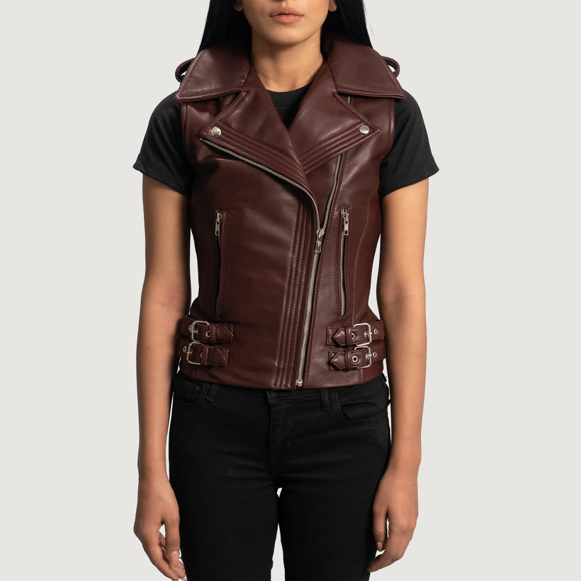 Rhonda Maroon Leather Biker Vest för Dam