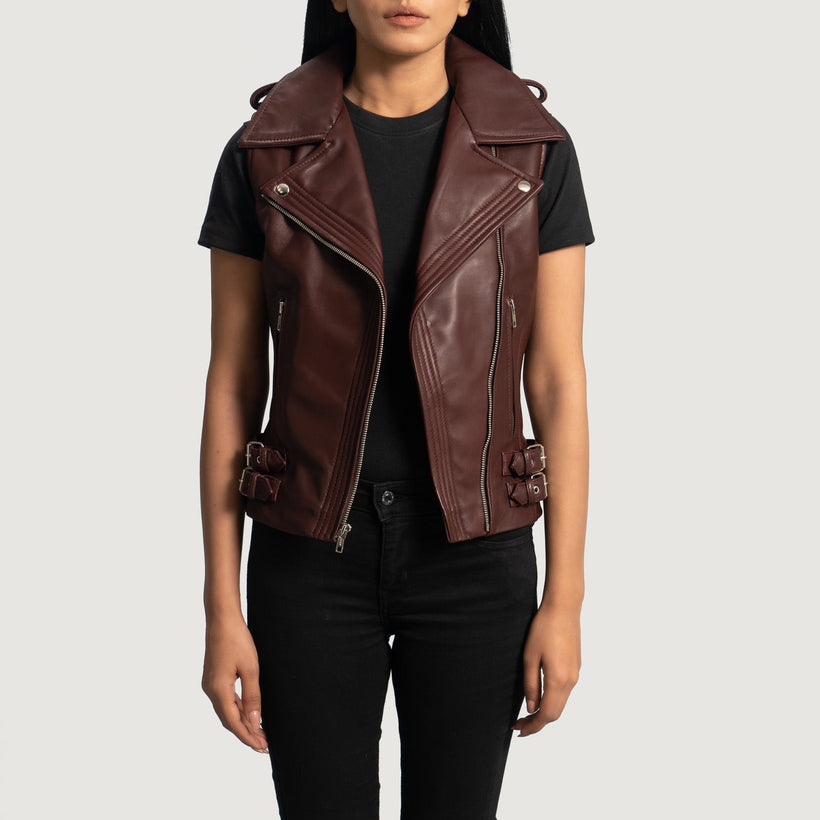 Rhonda Maroon Leather Biker Vest för Dam