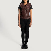 
Närbildsdetalj of Notch & Zipper Hardware on Rhonda Kastanjebrun Leather Biker Vest för Dam