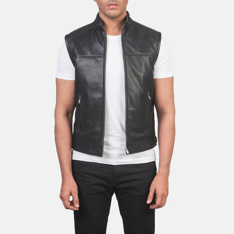 Roland Svart Leather Biker Vest för Herr