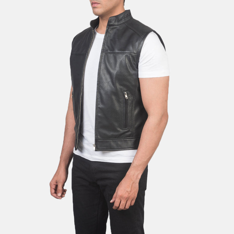 Roland Svart Leather Biker Vest för Herr