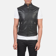 Close-Up Detail of Band & Zipper Hardware on Men's Roland Black Leather Biker Vest