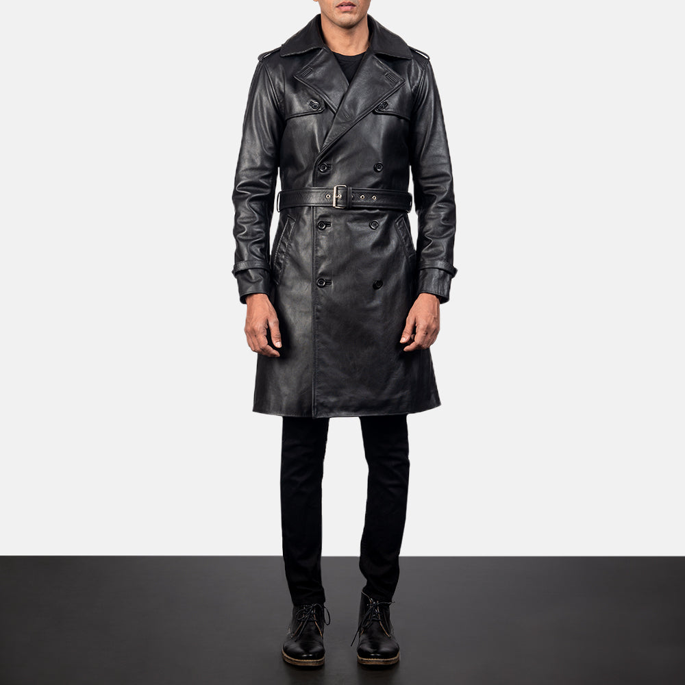 
Royson Svart Leather Duster Läderrock för Herr - Framifrån med skräddarsydd silhuett | Handla online