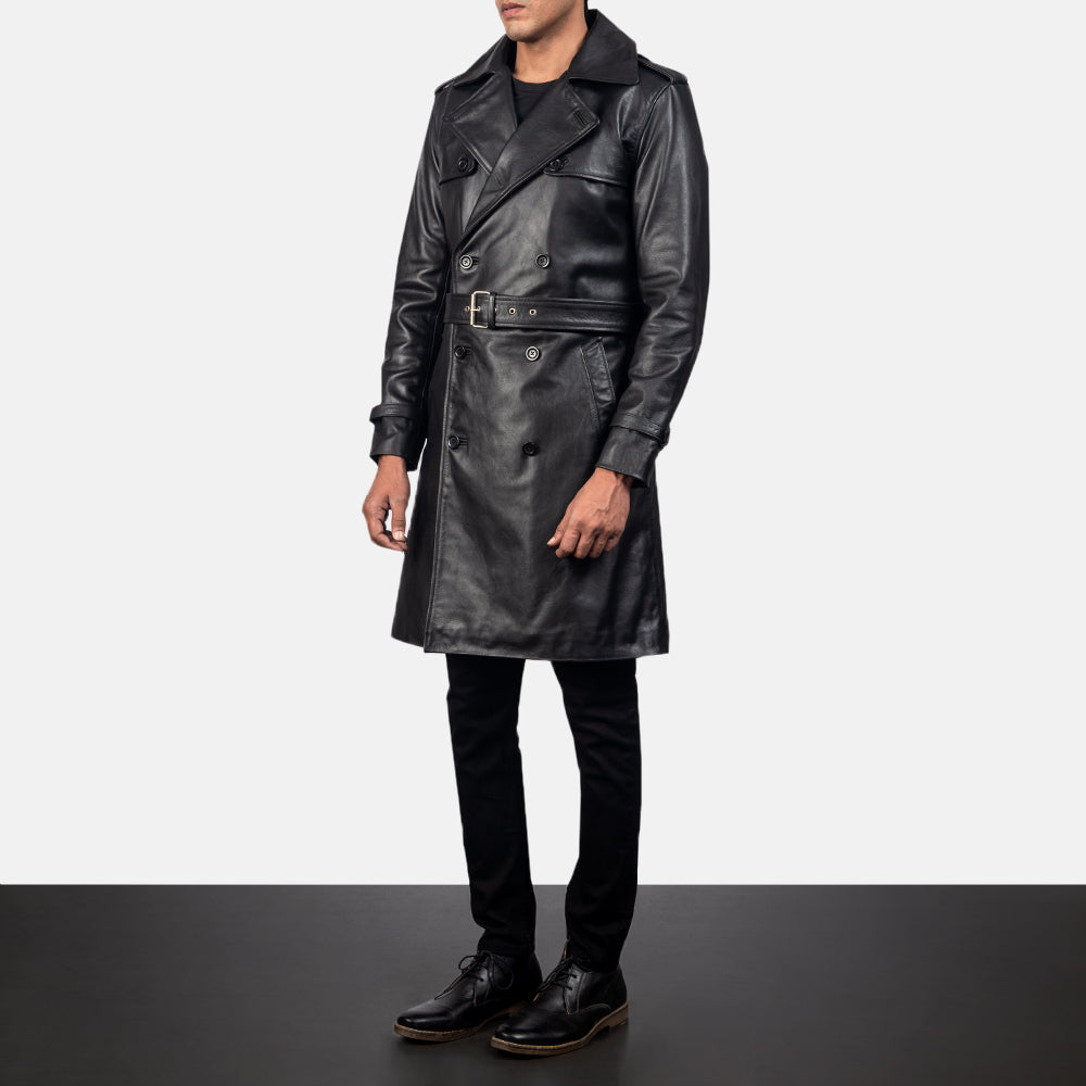 
Royson Svart Leather Duster Läderrock för Herr - Bakifrån med perfekt axelpassform och ren fåll