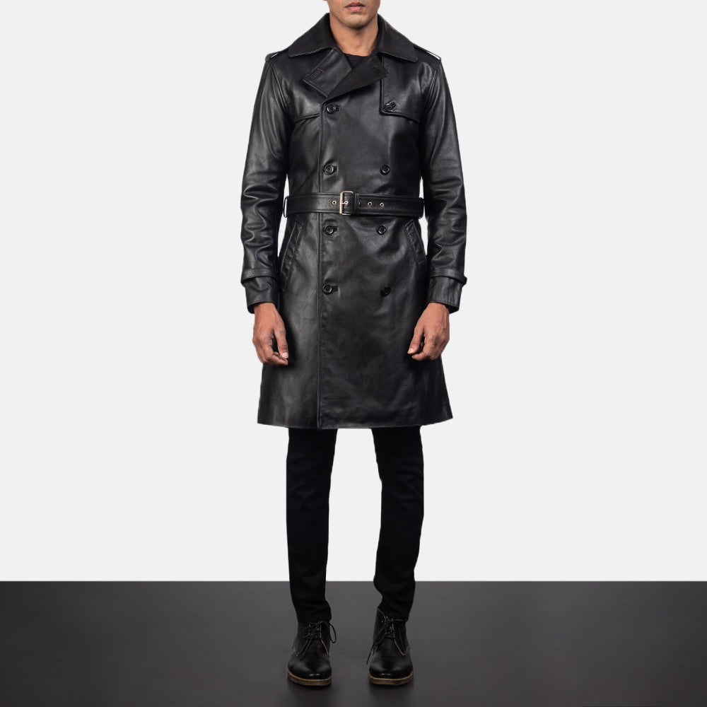 
Närbildsdetalj of Shirt & Heavy-Duty Zipper Hardware on Royson Svart Leather Duster Läderrock för Herr