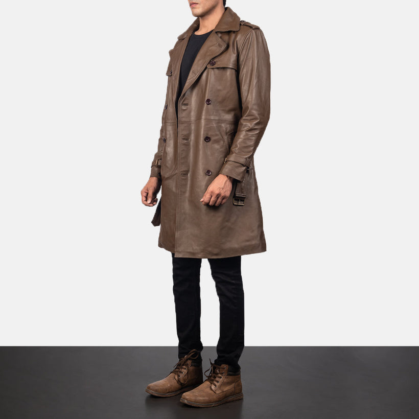 Royson Brun Leather Duster Läderrock för Herr