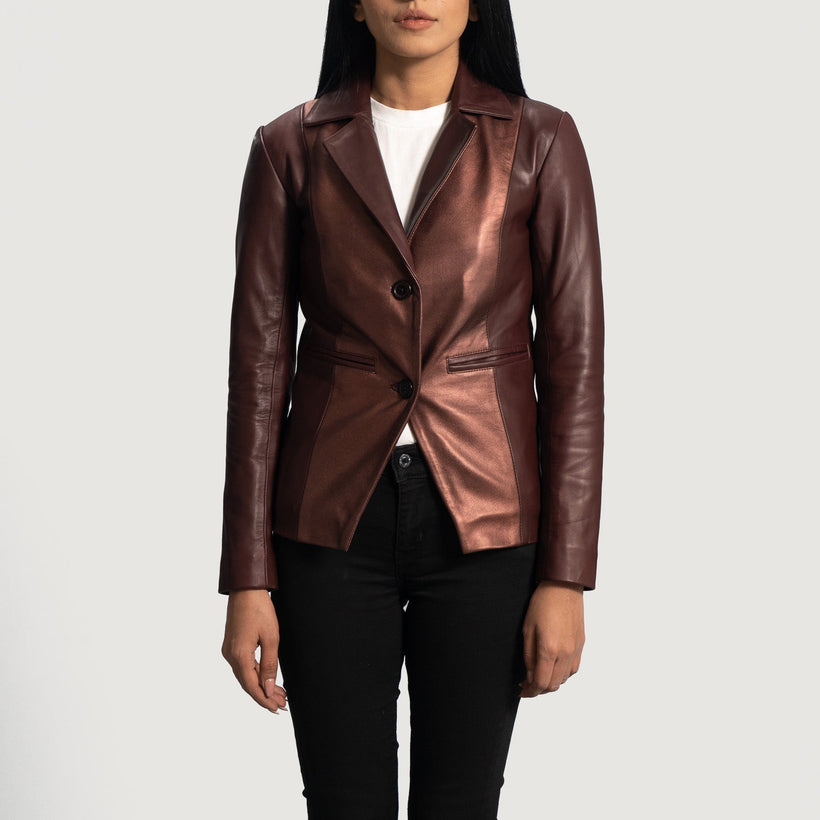Ruby Metallic Kastanjebrun Läderblazer för Dam