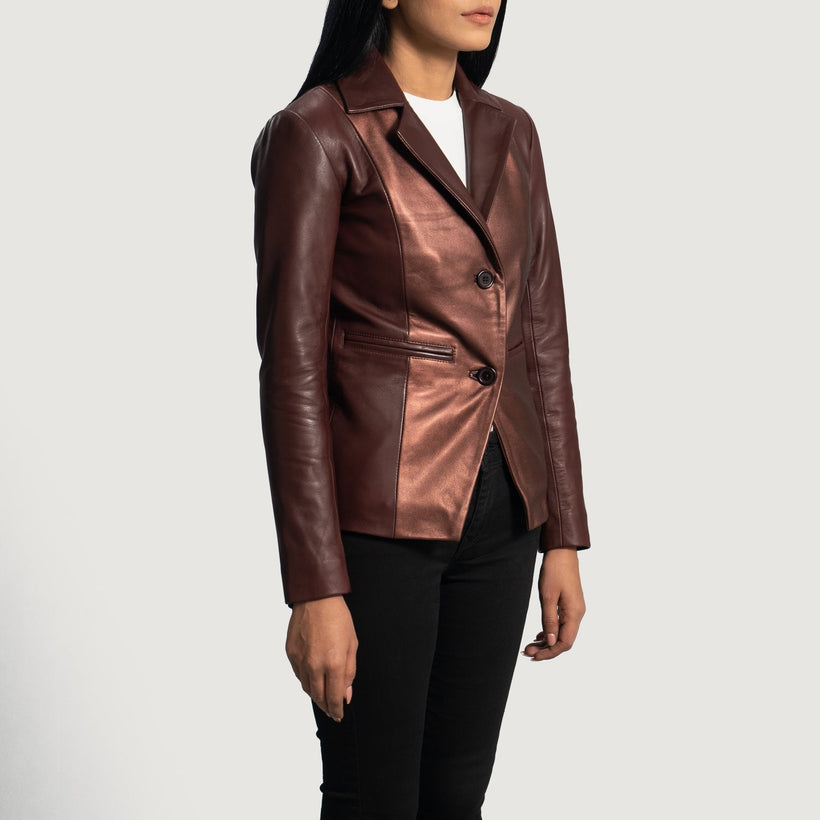 Ruby Metallic Kastanjebrun Läderblazer för Dam