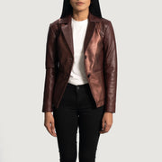 Women's Ruby Metallic Maroon Leather Blazer för Dam - Lateral Side Profile View Showing Sleeve Cut &amp; Athletic Taper Fit
