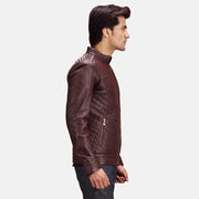 
Maroon Sheepskin Leather Biker Jacket - Bakifrån med perfekt axelpassform och ren fåll