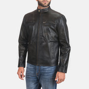 
Distressed Black Cowhide Leather Biker Jacket - Bakifrån med perfekt axelpassform och ren fåll