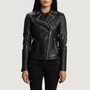 Women's Sally Mae Studded Svart Bikerjacka i Läder för Dam in Black Sheepskin Leather - Front Profile View &amp; Tailored Silhouette | Buy Online