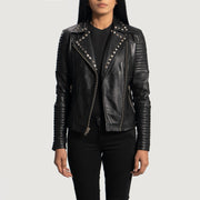 Women's Sally Mae Studded Svart Bikerjacka i Läder för Dam - Lateral Side Profile View Showing Sleeve Cut &amp; Athletic Taper Fit