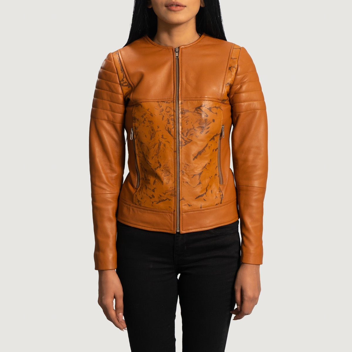 Women's Sandy Ljusbrun Dye Bikerjacka i Läder för Dam in Tan Brown Sheepskin Dip &amp;Amp; Dye - Front Profile View &amp; Tailored Silhouette | Buy Online