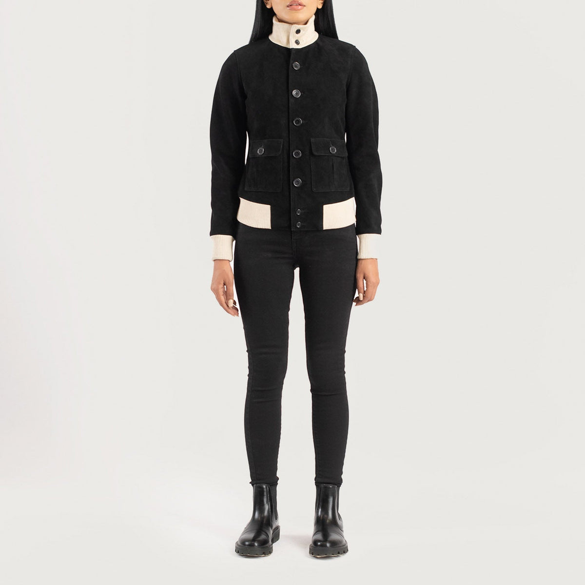 
Sasha A1 Black Suede Bomber Jacket - Sidoprofil som visar ärmskärning