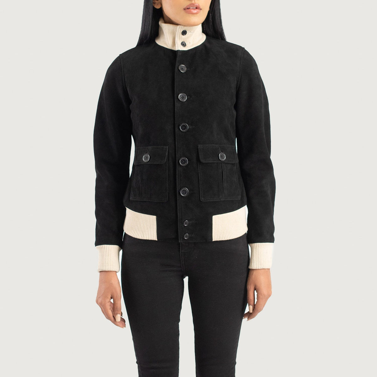 
Närbildsdetalj of Knit Rib & Buttons Hardware on Sasha A1 Black Suede Bomber Jacket
