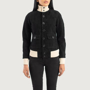 
Närbildsdetalj of Knit Rib & Buttons Hardware on Sasha A1 Black Suede Bomber Jacket